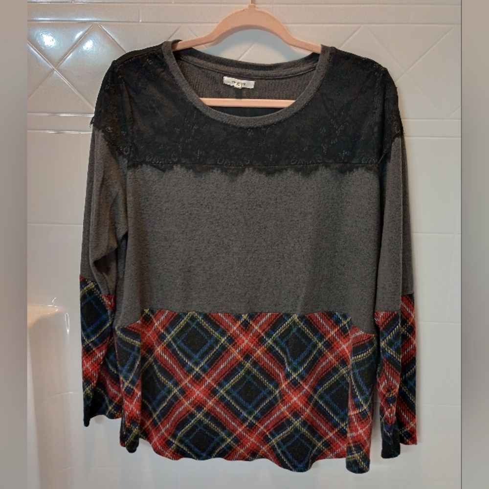 Maurices Lace Trim Plaid Colorblock Mixer Tee T Shirt Size XL Long Sleeve